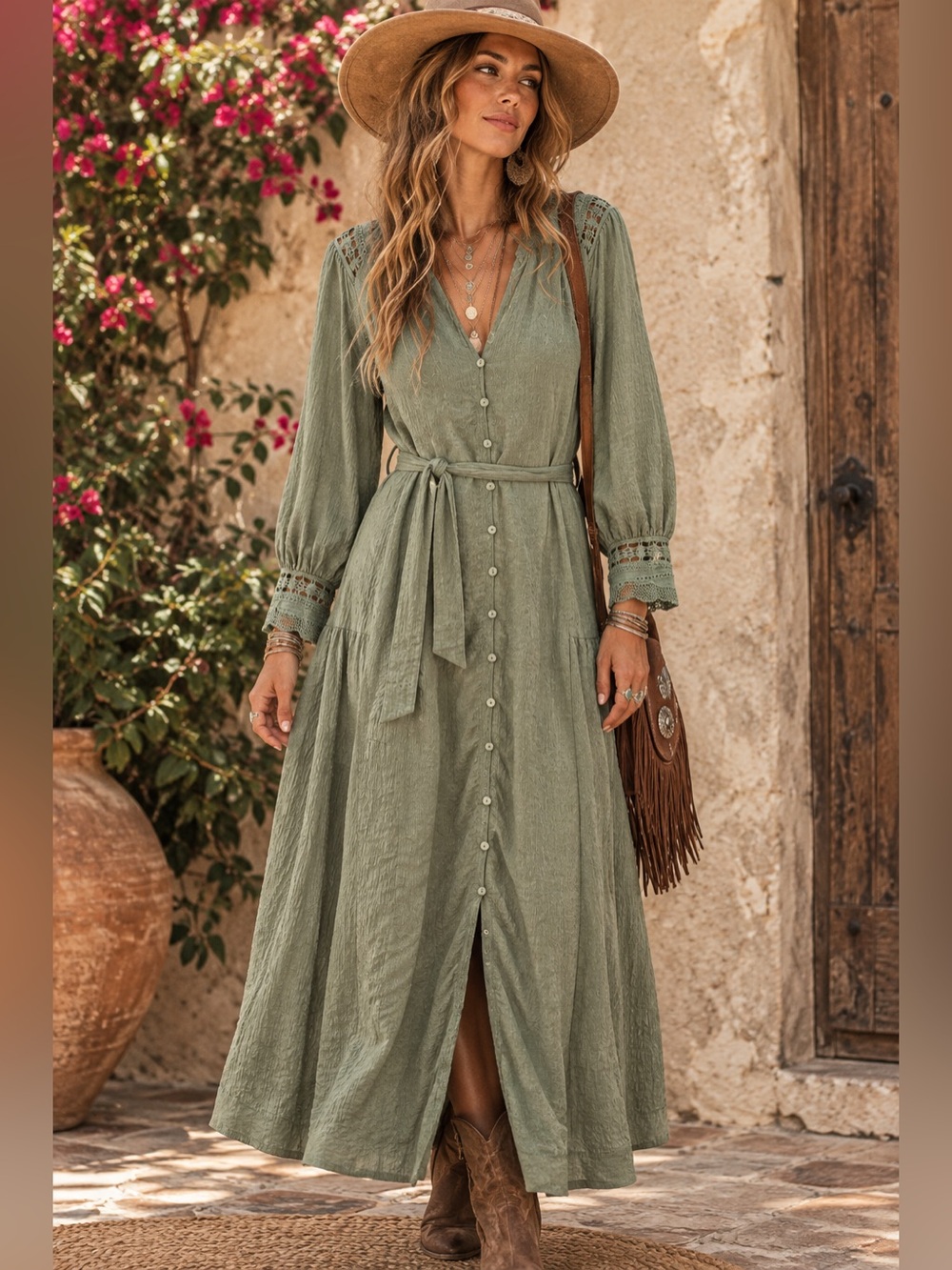 GREYLIN CELESTE BUTTON DOWN TIERED MINI DRESS IN MOSS GREEN